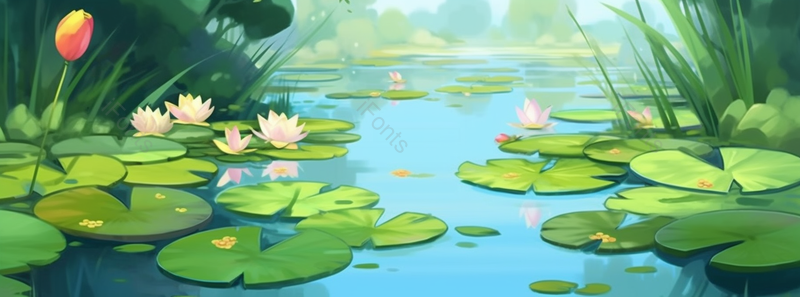 碧绿的池塘盛开着莲花植被茂盛创意壁纸插画背景,插画/手绘图,插画/手绘图库,插画/手绘图下载,插画/手绘